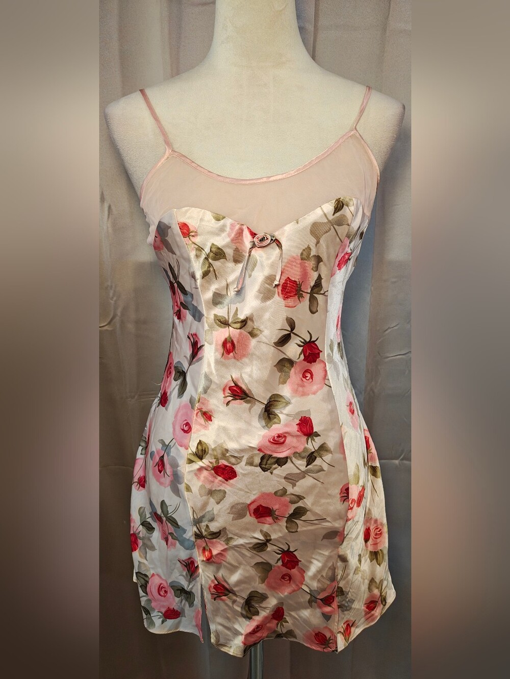 Vtg 90s Jaclyn Smith Satin Coquette Rose Floral & Sheer Mesh Lingerie Slip Dress